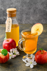 Homemade fermented kombucha or cider in a tall glass with a slice of apple on a dark rustic background. A healthy probiotic kombucha refreshing drink. Copy space.