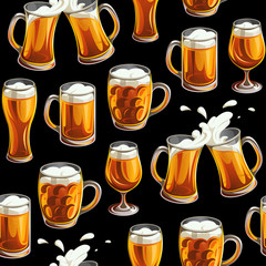 Seamless pattern with beer glass. Mugs and glasses for toast with light beer on black background. 