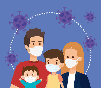parents with children using face mask and particles covid 19 vector illustration design