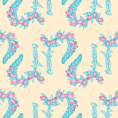 Fototapeta na wymiar Repeating pattern of pink succulent flowers and leaves. Cute floral seamless vector illustration.