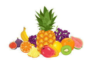 Pile of different tropical fruits isolated on white background. Vector illustration of pineapple, banana, orange, mango, grape, kiwi, lemon, guava and fig in cartoon flat style.