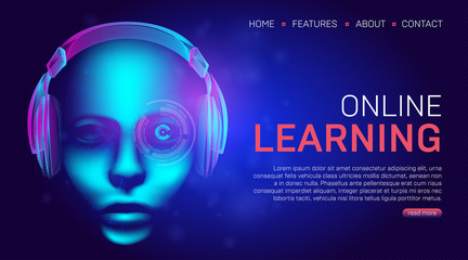 Online learning education landing page or banner template. Vector illustration in technology lineart style with abstract wireframe of headphones and human face or cyborg head on a dark blue background