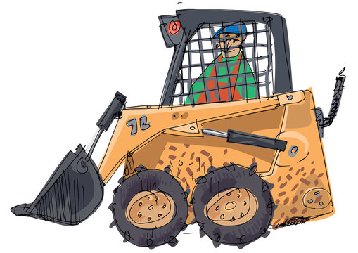 Hand drawn sketch of small compact mini loader. Mini excavator. Construction site machinery. Cartoon. Caricature.