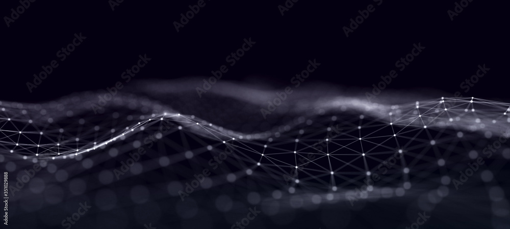 Poster Futuristic abstract mesh. Wave with the connection of dots and lines. 3D rendering.