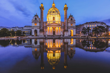 Fototapeta na wymiar Night view of famous Saint Charles's Church at Karlsplatz in Vienna Austria