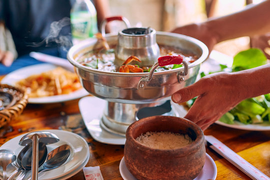 Vietnamese Seafood In A Pot Boiling With Crab And Spices 