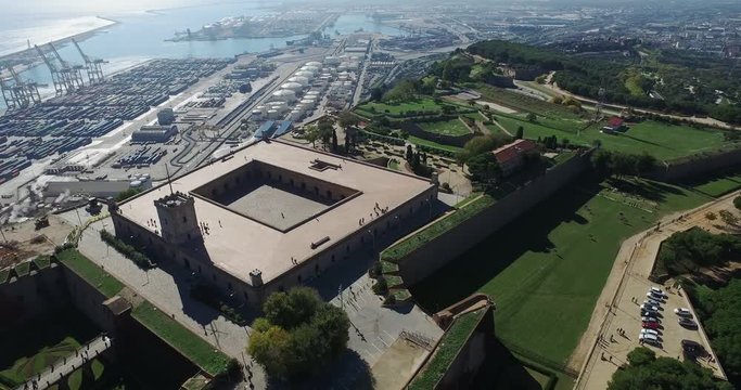 Montjuic fortress from above, panorama with sea view. High quality footage