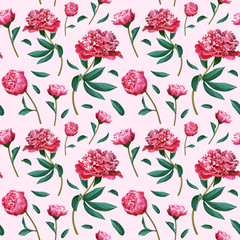 Seamless floral pattern with pink peony on a light background.