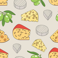 Vector graphic seamless pattern with cheese and olives on a light background