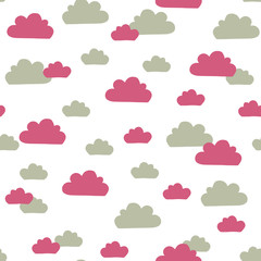 Vector sky pattern in pink and green. Simple doodle clouds made into repeat. Great for background, wallpaper, wrapping paper, packaging, fashion.