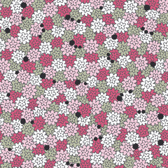 Vector nature pattern in pink and green. Simple doodle flowers made into dense repeat. Great for background, wallpaper, wrapping paper, packaging, fashion.