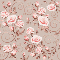 Seamless floral patterns with pink flowers - roses on a light background.