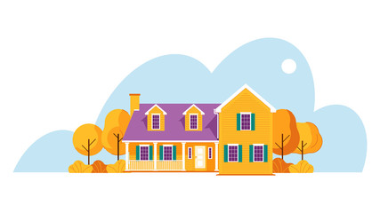 Modern cottage house. Real Estate concept. Flat Style American or Scandinavian Townhouse. Vector illustration