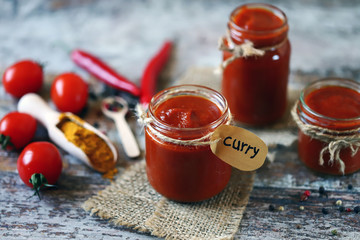 Homemade tomato sauce. Curry sauce.