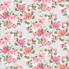 Seamless floral pattern with white and pink Roses, Peonies and white Lilies on light background.
