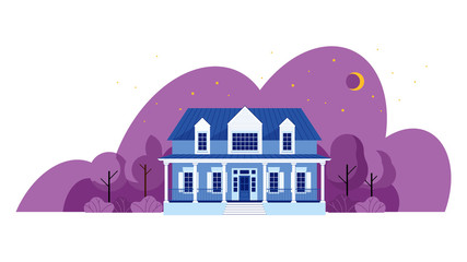 Modern cottage house. At night. Real Estate concept. Flat Style American or Scandinavian Townhouse. Vector illustration. Isolated