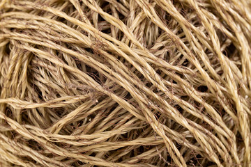 The texture of the rolled up string. Rope for gardening works in large magnification.