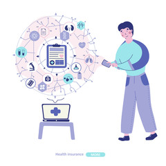 Medical service, insurance policy selection online, flat cartoon illustration.