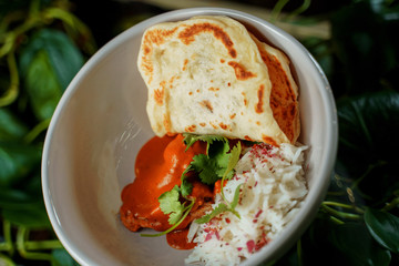 indian tortilla naan, rice and sauce