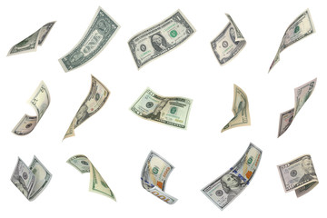 Flying money on white background. U.S. 100, 50, 20, 10, 5, 2, 1 dollars bills