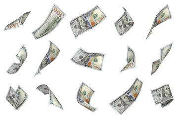 Flying money on white background. U.S. 100 dollars bills