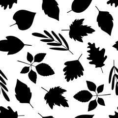 Seamless pattern tree leaves black silhouettes.