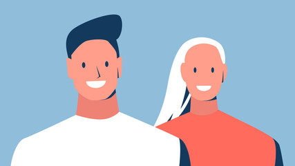 Vector concept illustration of happy smiling man and woman. Two people portraits. Young handsome beautiful male and female joufully smiling