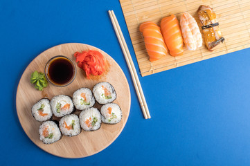 Composition with delicious nigiri sushi and rolls