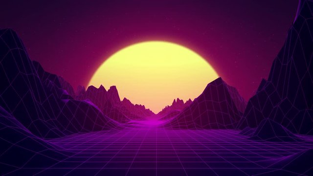 80s Retro Background Animation. Retro wave and synthwave digital landscape with neon lights, sun, mountains. Cyber low poly grid, terrain. Retro futuristic clip. Perfectly Seamless loop 3D intro video