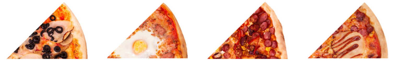 Set of four different slices of delicious italian pizza: with ham and olives, with beef sausages and eggs, spicy Mexico and BBQ pizza, isolated on white background