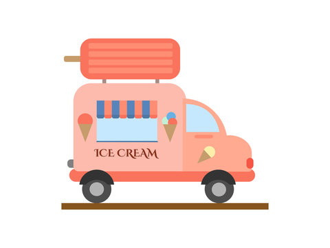 Ice cream truck. Vector hand drawn illustration.