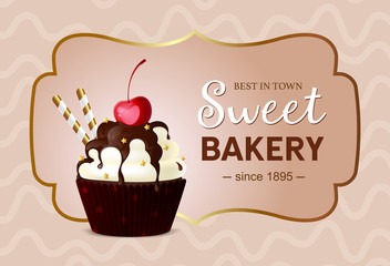 Flyer sweet pastries, homemade desserts, sweets. Suitable for posters, advertisements, labels, menus for cafes and restaurants. Chocolate muffin with cherry and waffle tubes. Vector illustration