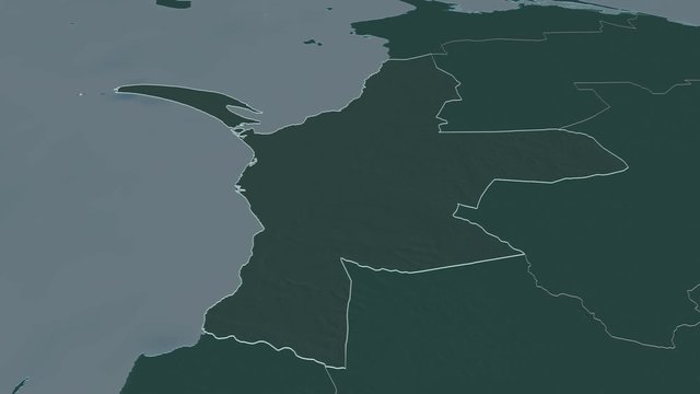 Mannar, district with its capital, zoomed and extruded on the administrative map of Sri Lanka in the conformal Stereographic projection. Animation 3D