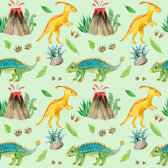 Obraz premium Watercolor Seamless Pattern with Tropical Leaves and Cute Dinosaurs. Colorful Hand Drawn Childish Dino Illustration For Gift Wrapping, Textile, Background of Web Pages, Printing Products