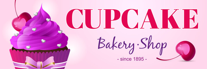Pink banner cupcake bakery shop. A cake, a cupcake with cream and ripe cherries. Suitable for posters, advertisements, announcements, labels, menus for cafes and restaurants. Vector illustration