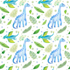 Watercolor Seamless Pattern with Tropical Leaves and Cute Dinosaurs. 
Colorful Hand Drawn Childish Dino Illustration For Gift Wrapping, Textile,
 Background of Web Pages, Printing Products