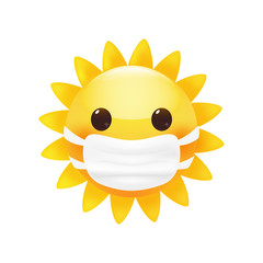 Cute little sun in a face protective mask. Anti virus concept. Bright cartoon style. Premium vector.