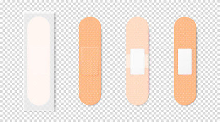 Vector 3d Realistic Medical Patch Icon Set Closeup Isolated on Transparent Background. Design Template Adhesive Bandage Elastic Medical Plasters. Front and Back Side View