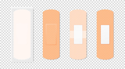 Vector 3d Realistic Medical Patch Icon Set Closeup Isolated on Transparent Background. Design Template Adhesive Bandage Elastic Medical Plasters. Front and Back Side View