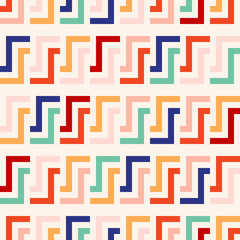 Vector geometric seamless pattern with lines, meanders, chain, grid, net. Stylish colorful background. Modern abstract graphic texture. Simple geo ornament. Repeat design for decor, fabric, wallpaper