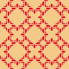 Vector abstract geometric seamless pattern in Asian style. Elegant ornament in red and yellow color. Luxury graphic texture with diamond grid, lattice, net, lines. Simple ornate background.