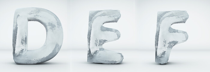 Alphabet ice. Letters D, E, F. Realistic ice 3d render.