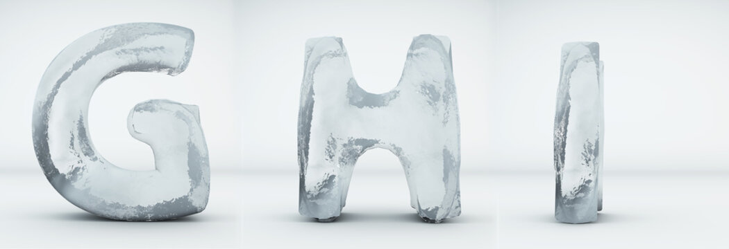 Alphabet ice. Letters G, H, I. Realistic ice 3d render.