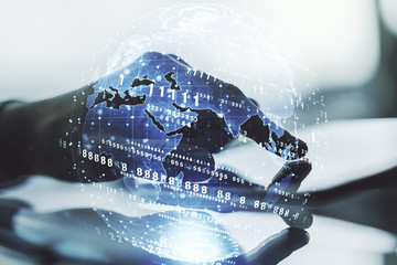 Multi exposure of abstract creative coding sketch with world map and finger presses on a digital tablet on background, artificial intelligence and neural networks concept