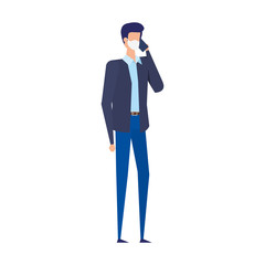 businessman using face mask talking on the smartphone vector illustration design
