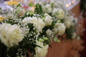 outdoor and restaurant wedding decoration with flowers, bouquets
