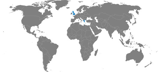 Fototapeta premium Grecja, kraje Wielkiej Brytanii na białym tle na mapie świata. Jasnoszare tło. Koncepcje biznesowe, stosunki dyplomatyczne, handlowe i transportowe.