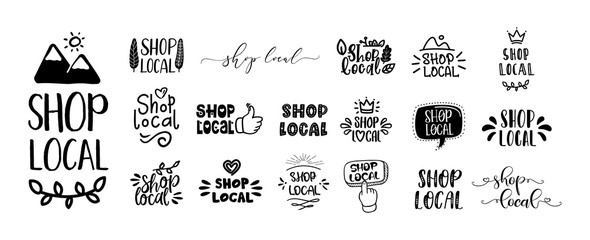 SHOP LOCAL set of hand drawn text and doodles badges, logo, icons. Handwritten modern vector brush lettering typography and calligraphy - shop local on a white background. Small shop, local business.