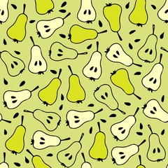 Pear Seamless pattern. Childs hand drawn creativity. Green background. For card, cafe menu, wallpaper, summer album, invitation, scrapbooking, wrapping, textile, t-shirt