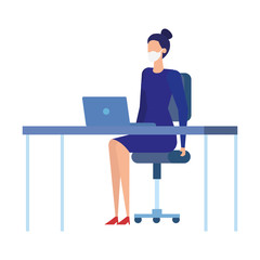business woman using face mask in the workplace vector illustration design